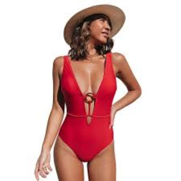CUPSHE O-RING LACE UP ONE PIECE RED SWIMSUIT WOMEN SIZE MEDIUM BRAND NEW - Picture 1 of 6